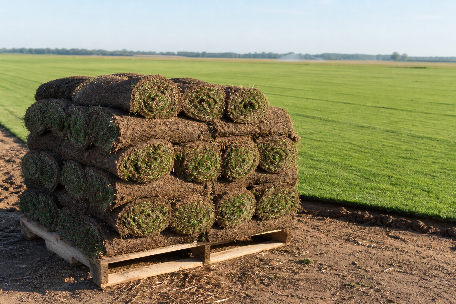 Fresh sod rolls stacked on a pallet by a Gulf Coast turf field